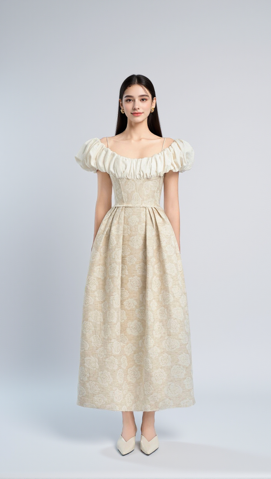 BOAT NECK CORSET MAXI DRESS IN BEIGE