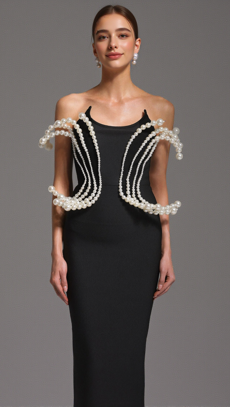 Tiffany – Perlen-Bandage-Maxikleid in Schwarz mit ärmellosem Schnitt