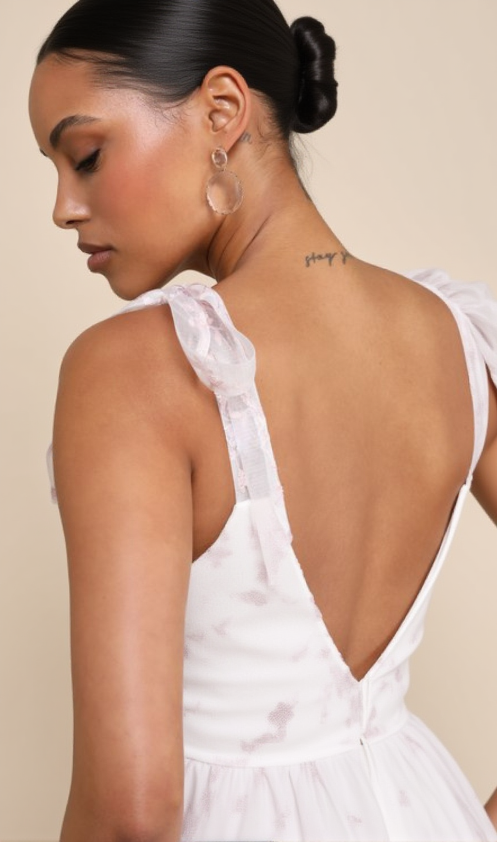 FLORAL EMBROIDERED TIE-STRAP MIDI DRESS IN WHITE