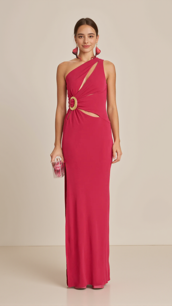 AIIZIE ONE-SHOULDER CUTOUT SIDE SLIT MAXI DRESS IN MAGENTA - product image