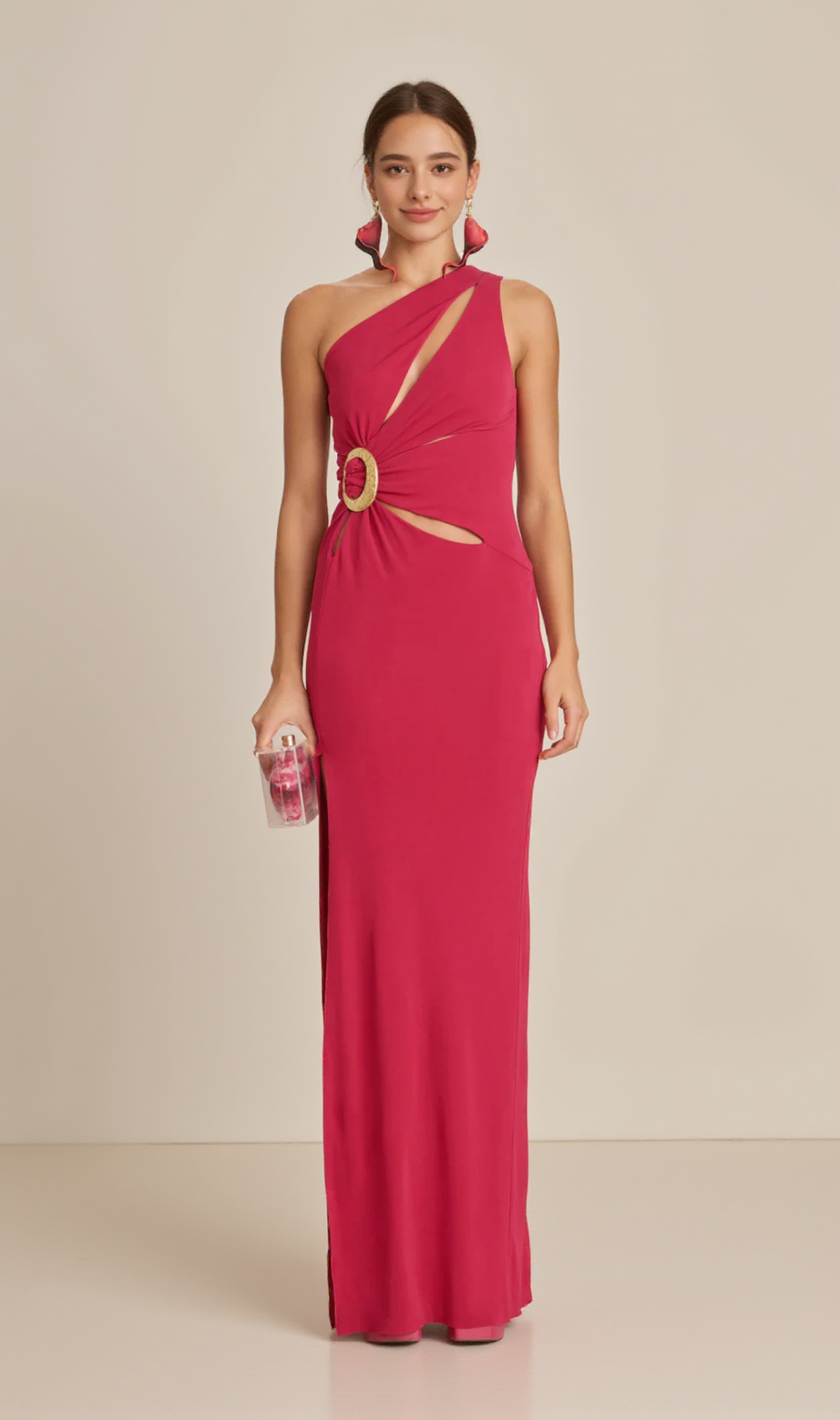 Maxikleid mit One-Shoulder-Ausschnitt und Seitenschlitz in Magenta