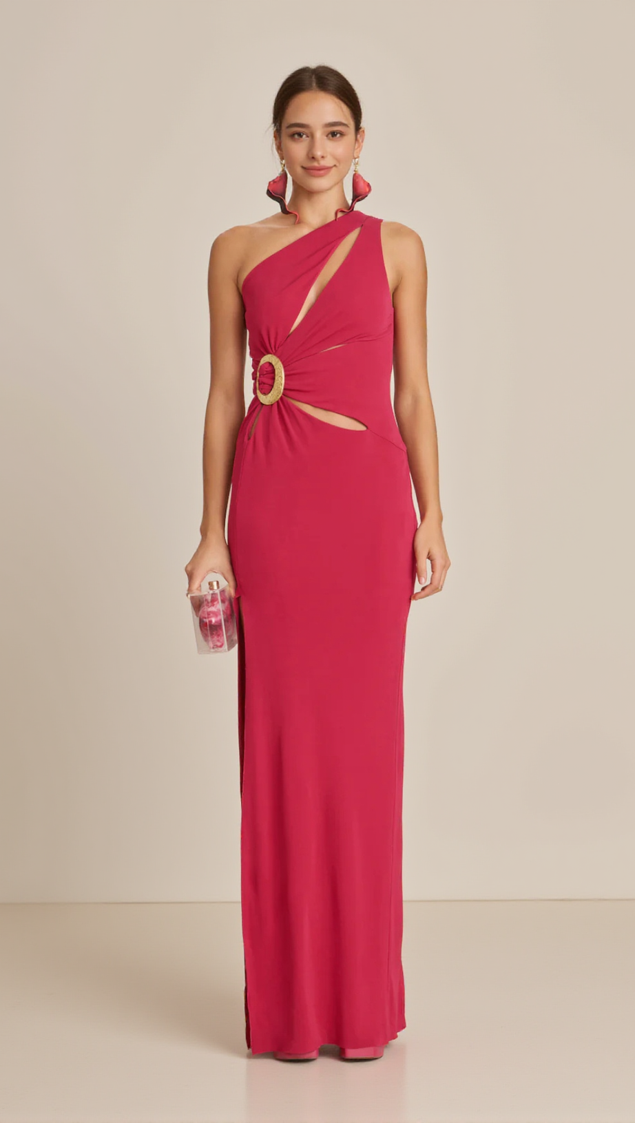ONE-SHOULDER CUTOUT SIDE SLIT MAXI DRESS IN MAGENTA