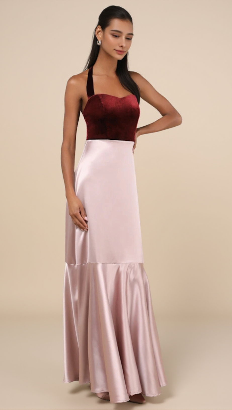 MESMERIZING IMPRESSION MAUVE PINK MIXED MEDIA HALTER MAXI DRESS LULUS