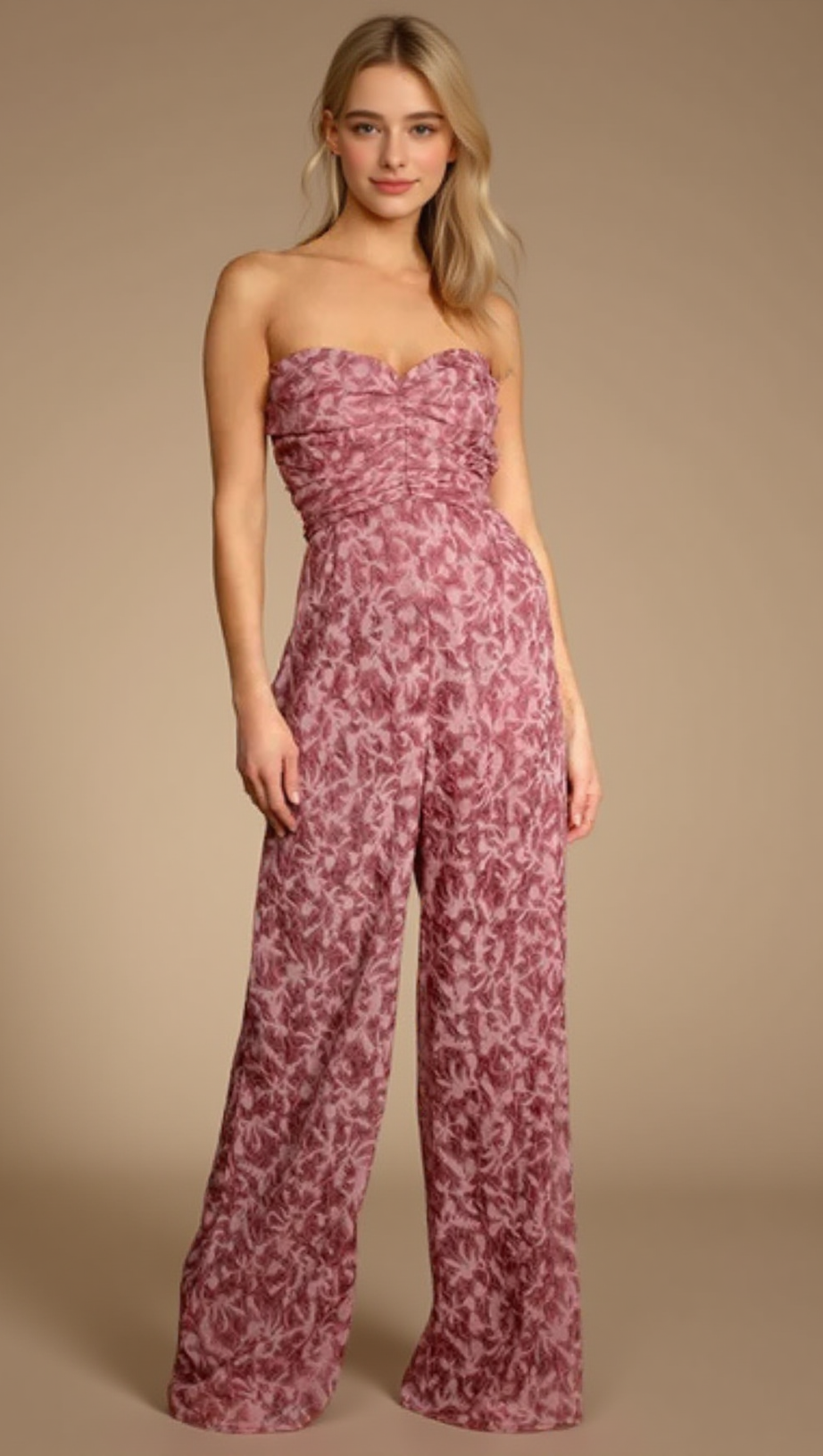 ORGANZA RUCHED STRAPLESS WIDE-LEG JUMPSUIT