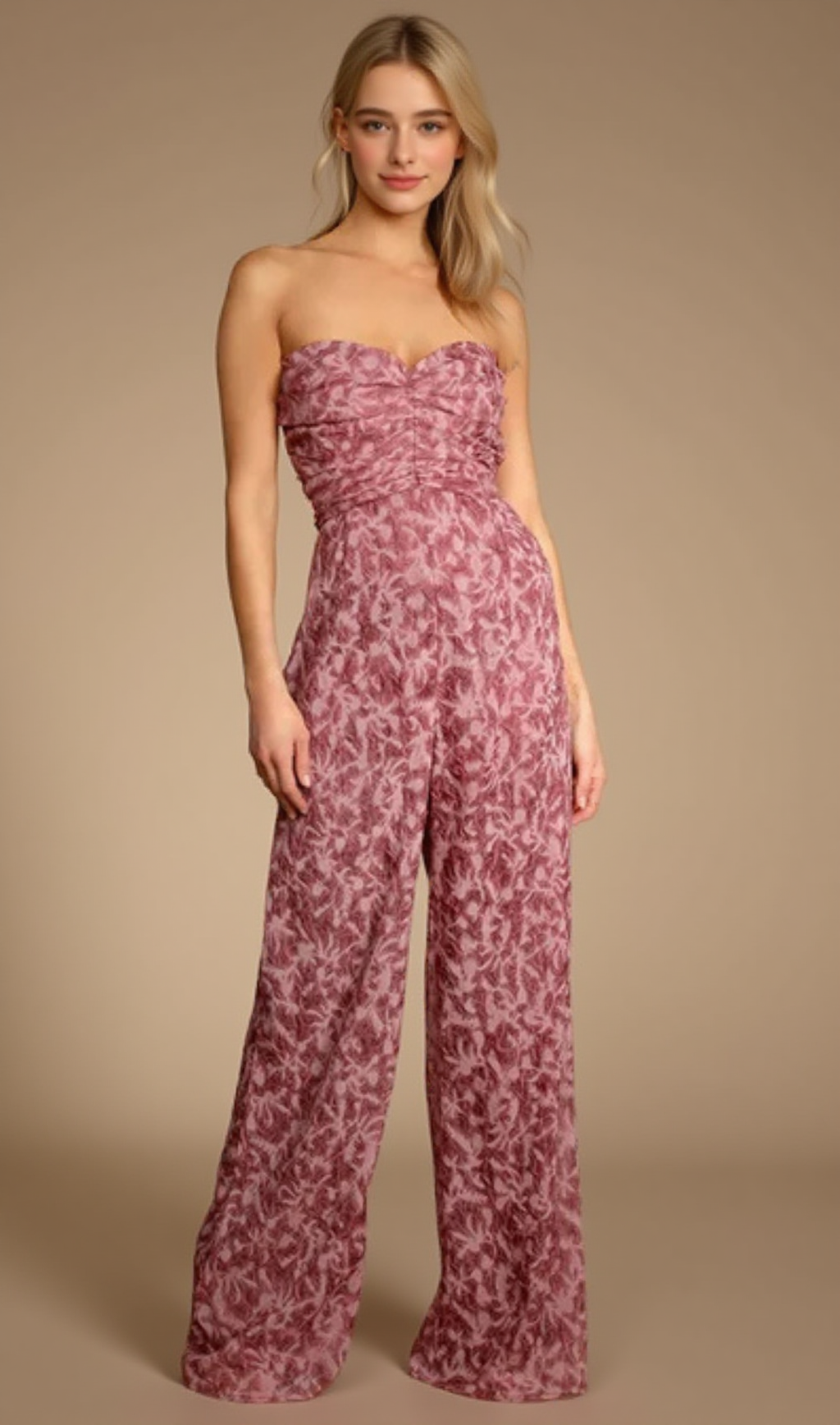 ORGANZA RUCHED STRAPLESS WIDE-LEG JUMPSUIT