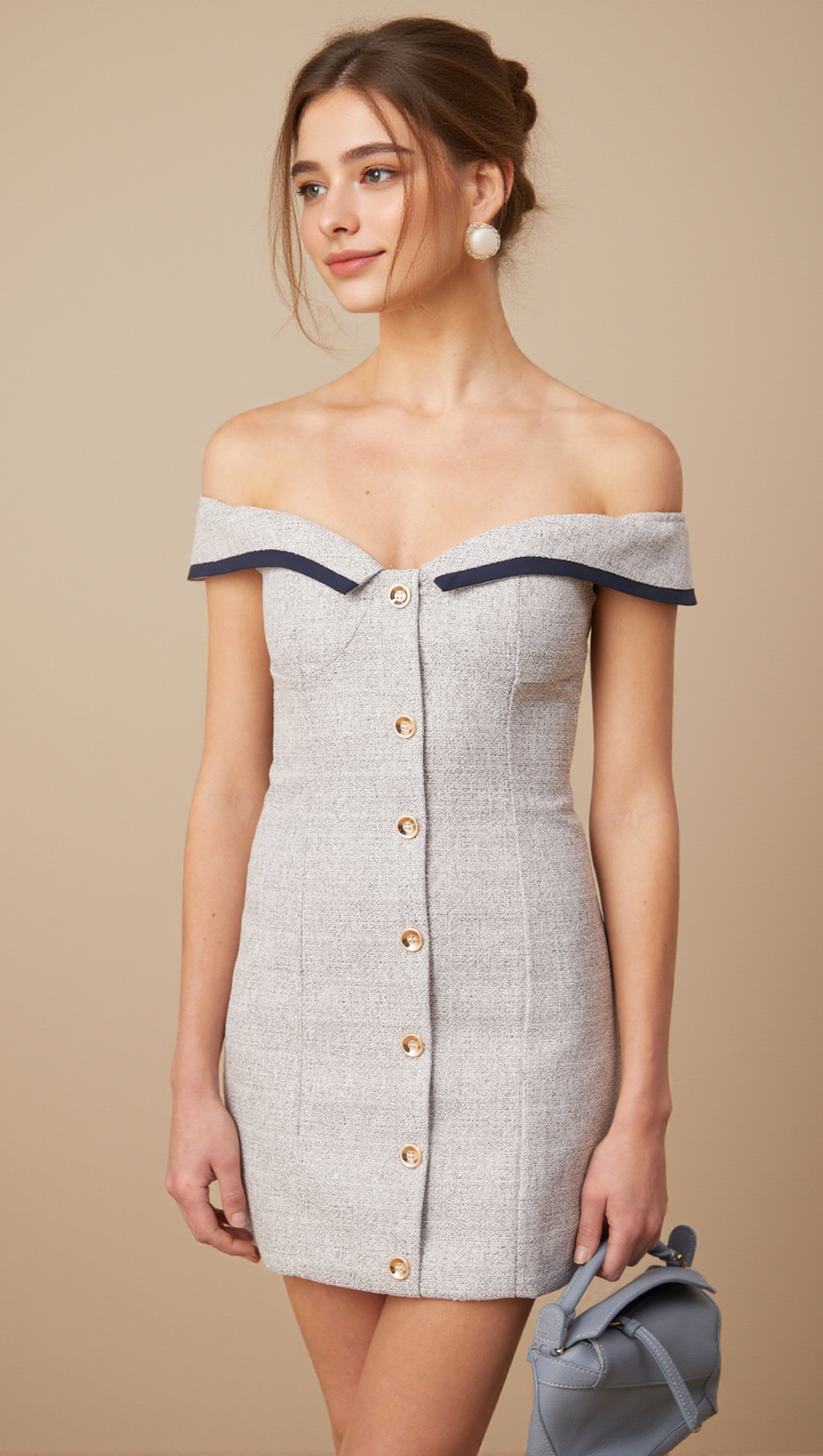 NOÉMIE GREY OFF-SHOULDER A-LINE MINI DRESS