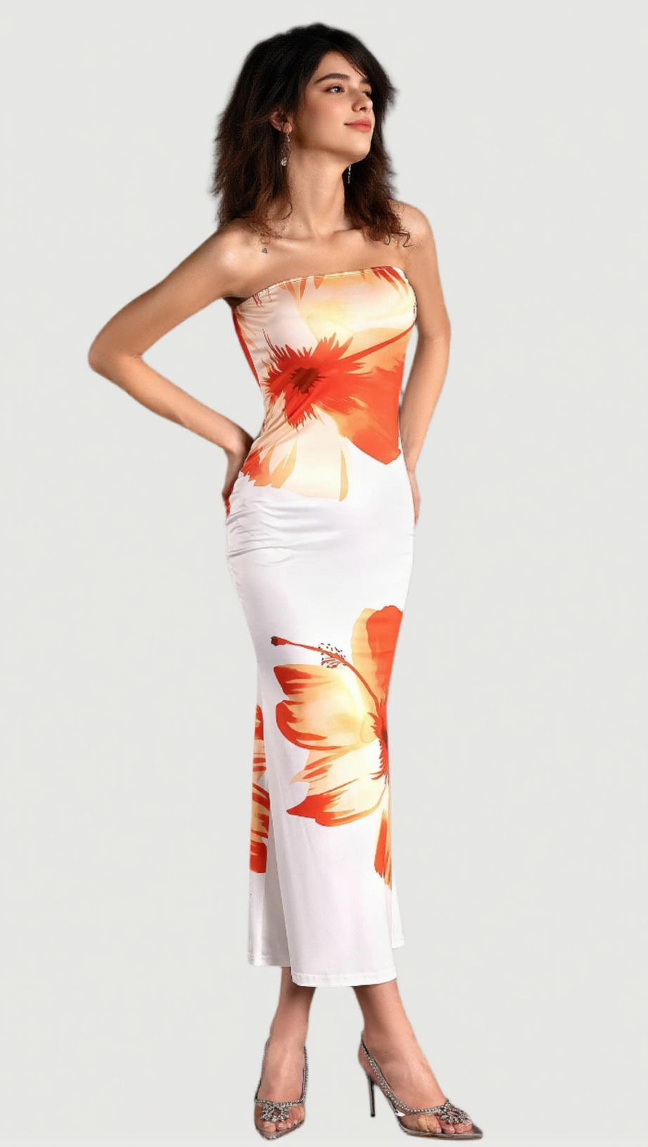 SARRIDES STRAPLESS PRINT MIDI DRESS