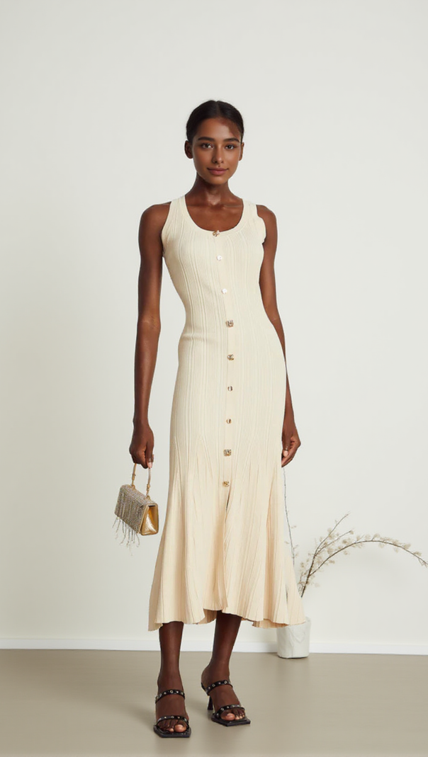 AIIZIE BUTTON-EMBELLISHED RIBBED-KNIT MIDI DRESS IN APRICOT - product image