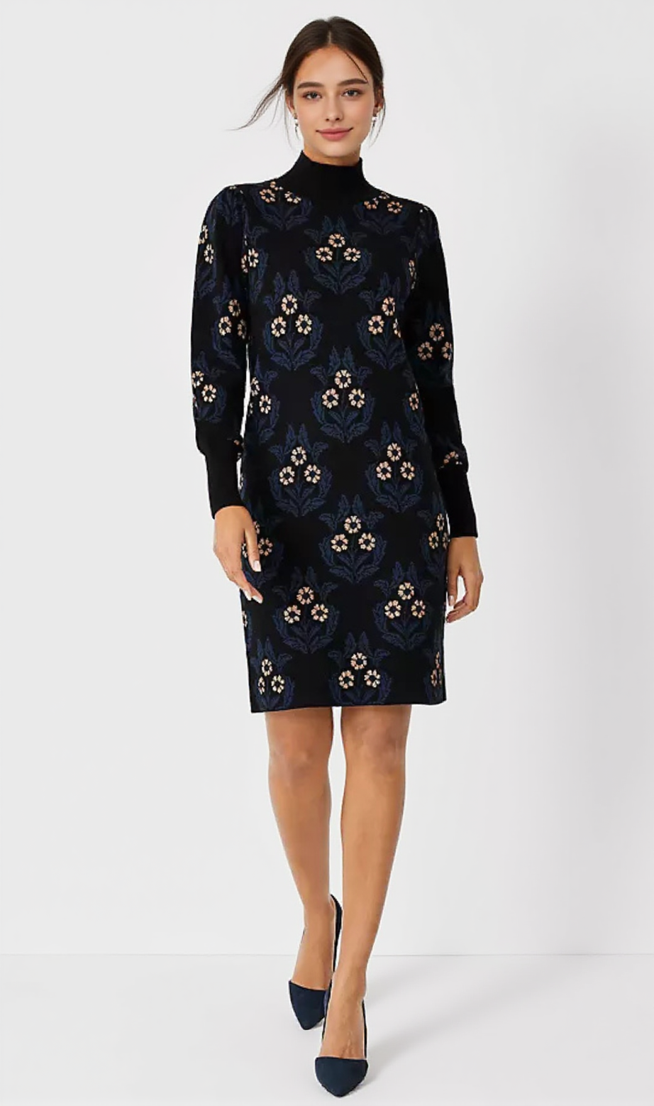 petite floral mock neck sweater dress in black