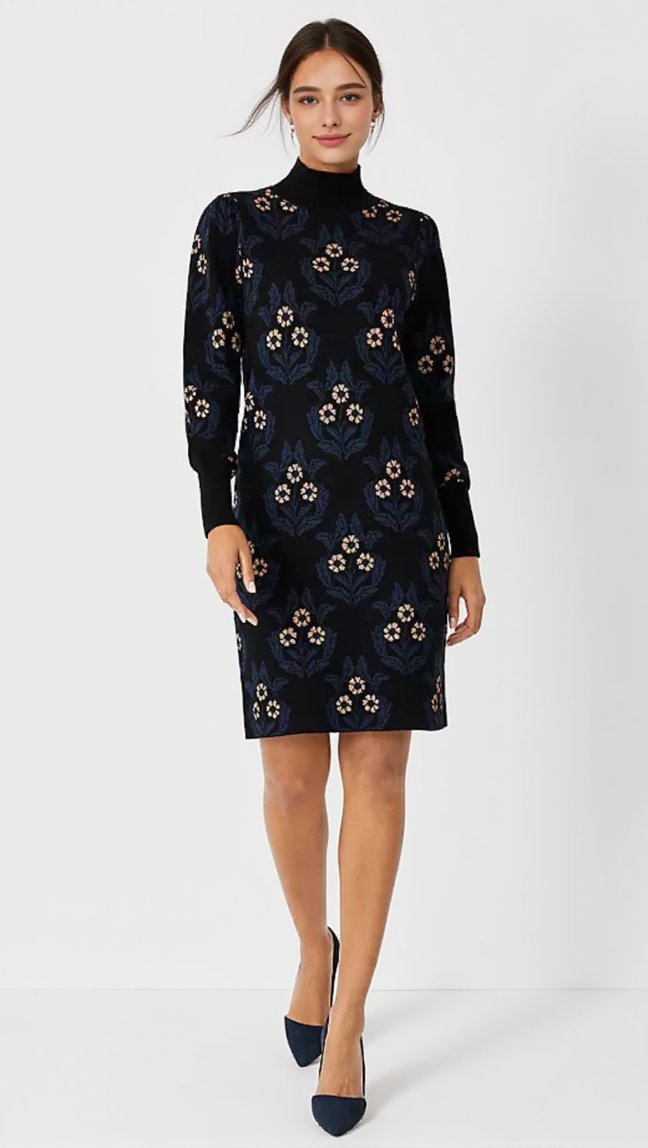 PETITE FLORAL MOCK NECK SWEATER DRESS IN BLACK