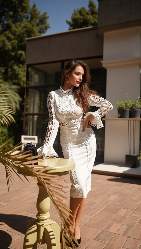 HOLLOW LACE MIDI DRESS IN WHITE