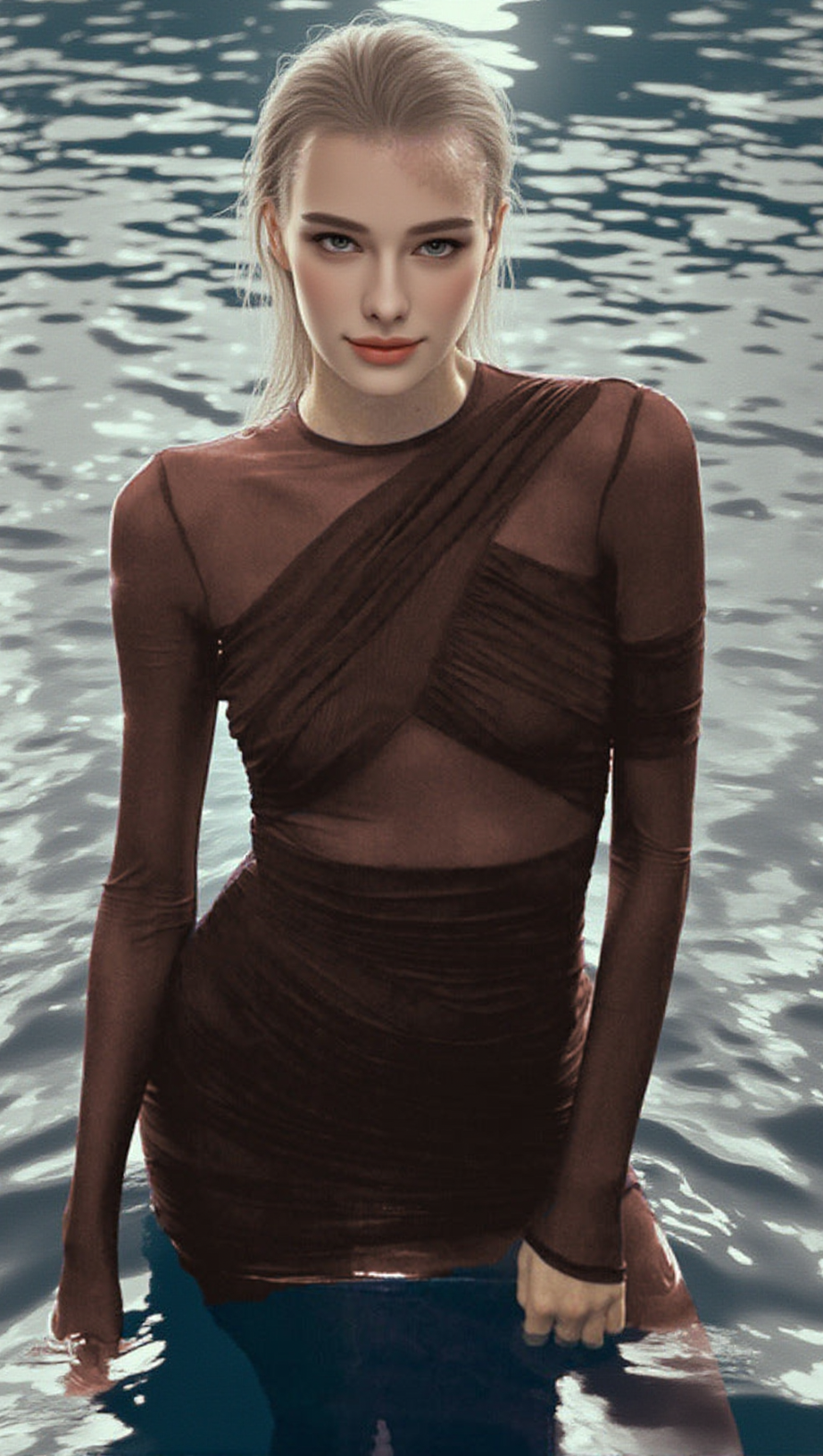 LONG SLEEVE MESH INSERT DRAPED MAXI DRESS