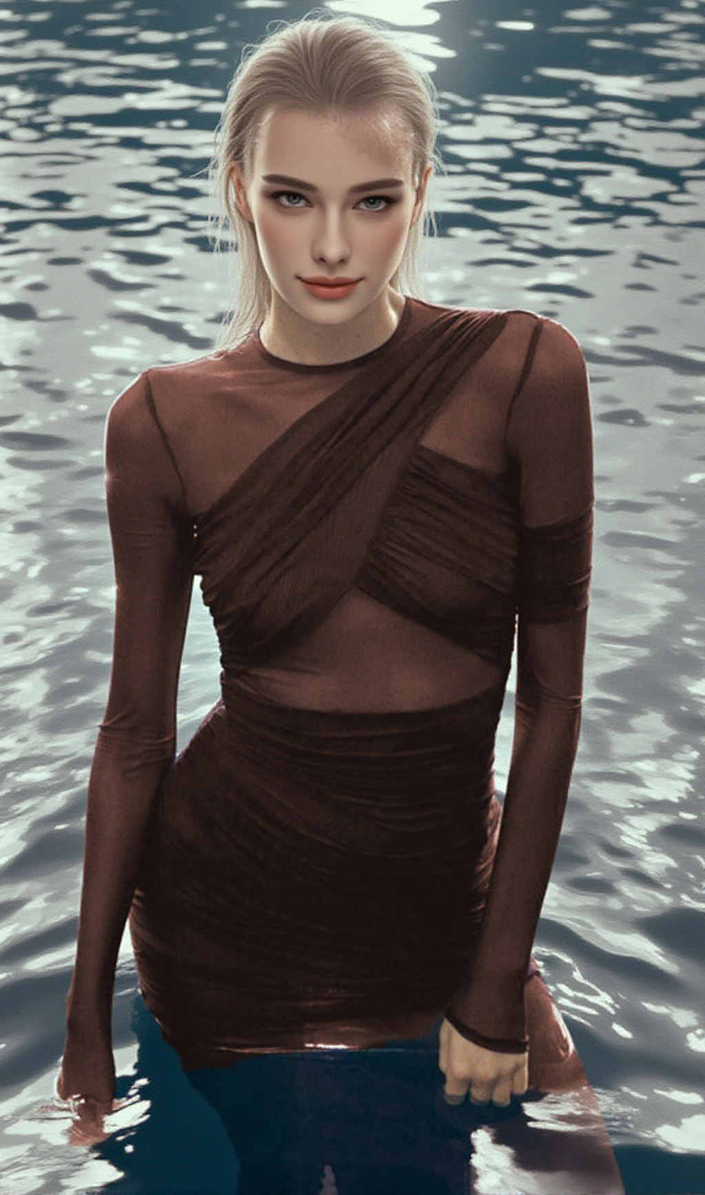 LONG SLEEVE MESH INSERT DRAPED MAXI DRESS