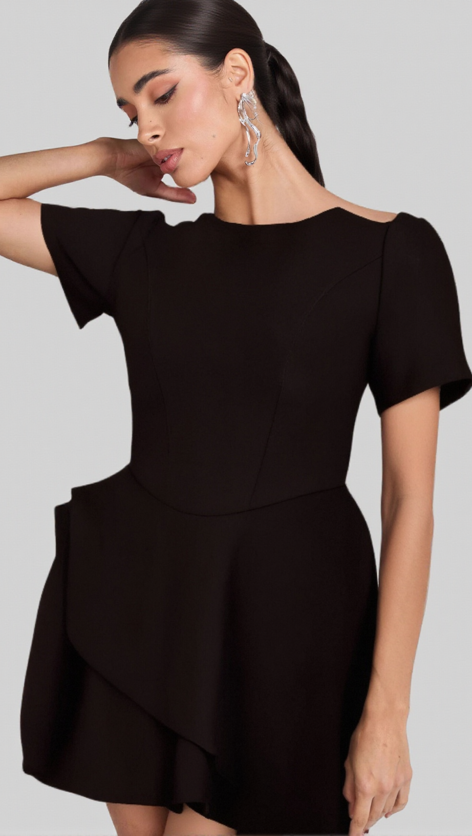 EMMA BLACK ASYMMETRIC RUFFLED MINI DRESS