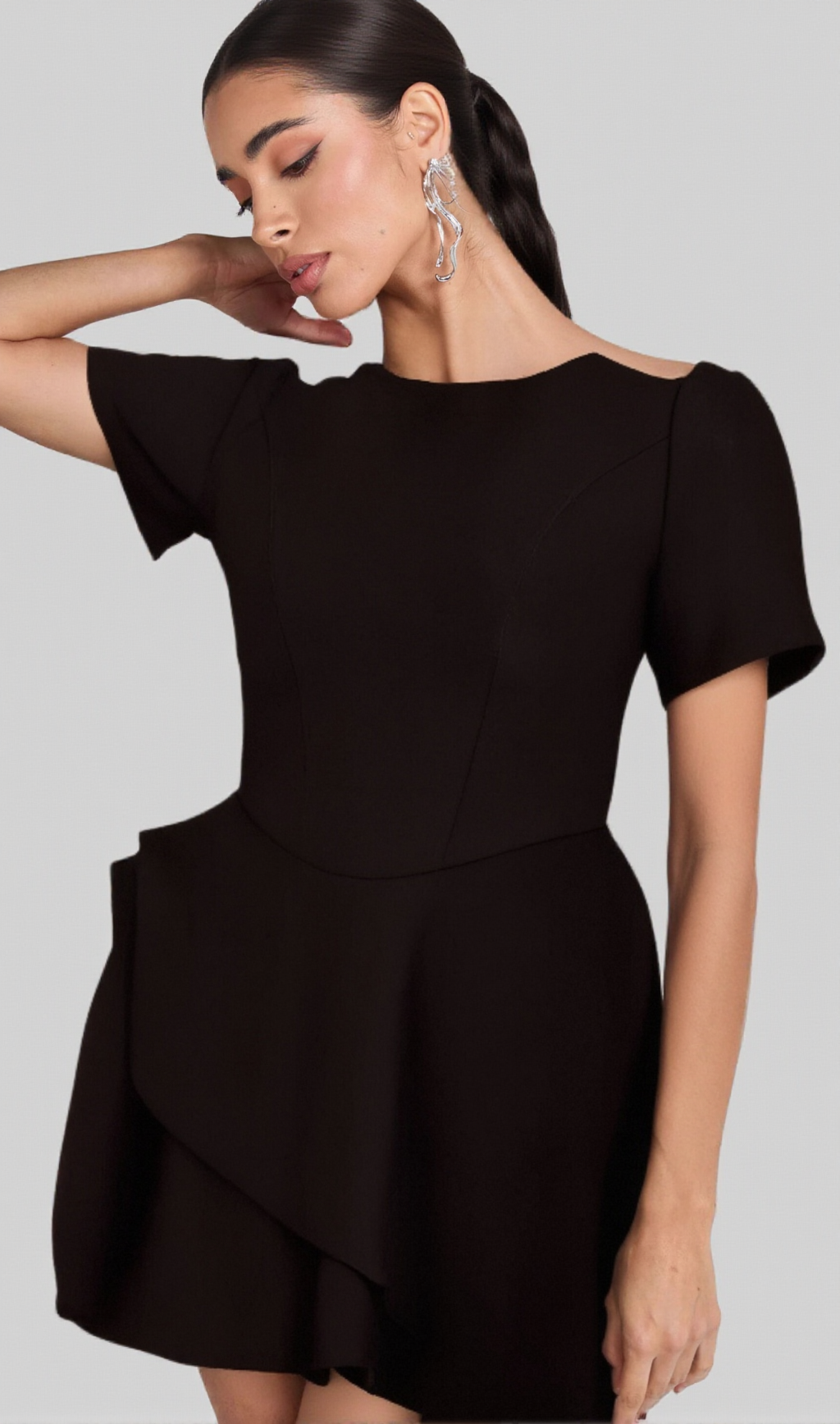 EMMA BLACK ASYMMETRIC RUFFLED MINI DRESS