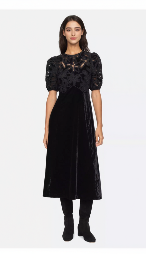 AIIZIE VELVET PUFF SLEEVE EMBROIDERED MIDI DRESS IN BLACK - product image