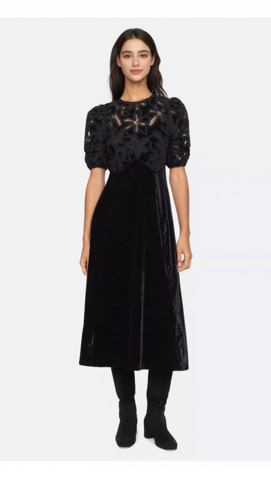 VELVET PUFF SLEEVE EMBROIDERED MIDI DRESS IN BLACK