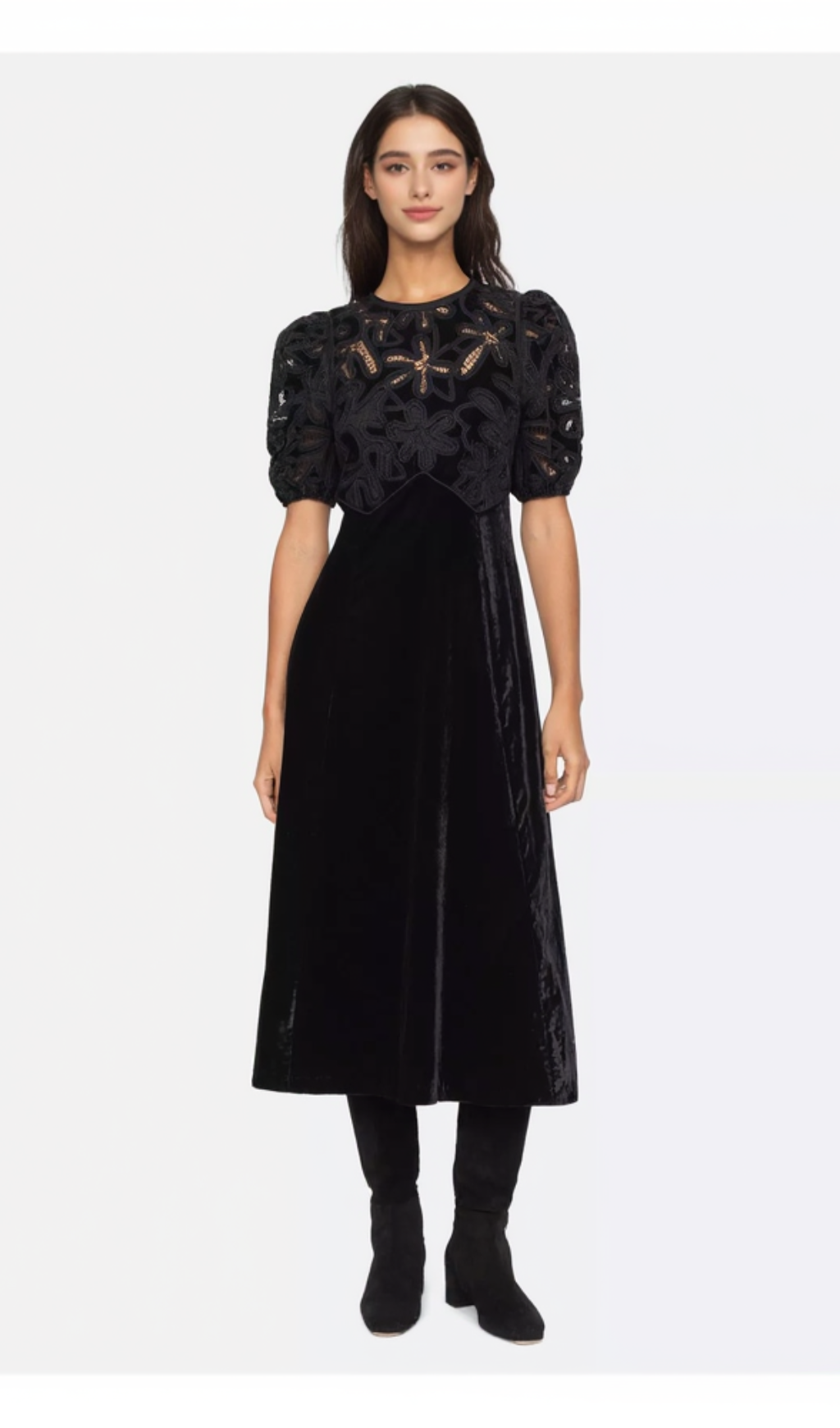 VELVET PUFF SLEEVE EMBROIDERED MIDI DRESS IN BLACK