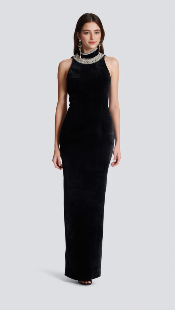 AIIZIE EMBROIDERED VELVET HALTERNECK MAXI DRESS IN BLACK - product image