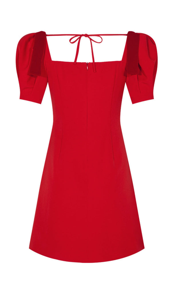 AIIZIE VELVET TIERED PUFF SLEEVE MINI DRESS IN RED - product image