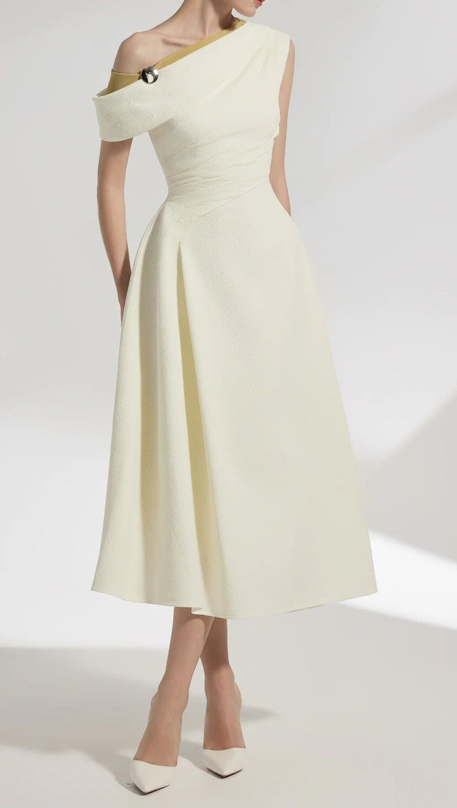 LUCY ONE-SHOULDER A-LINE MIDI DRESS IN WHITE