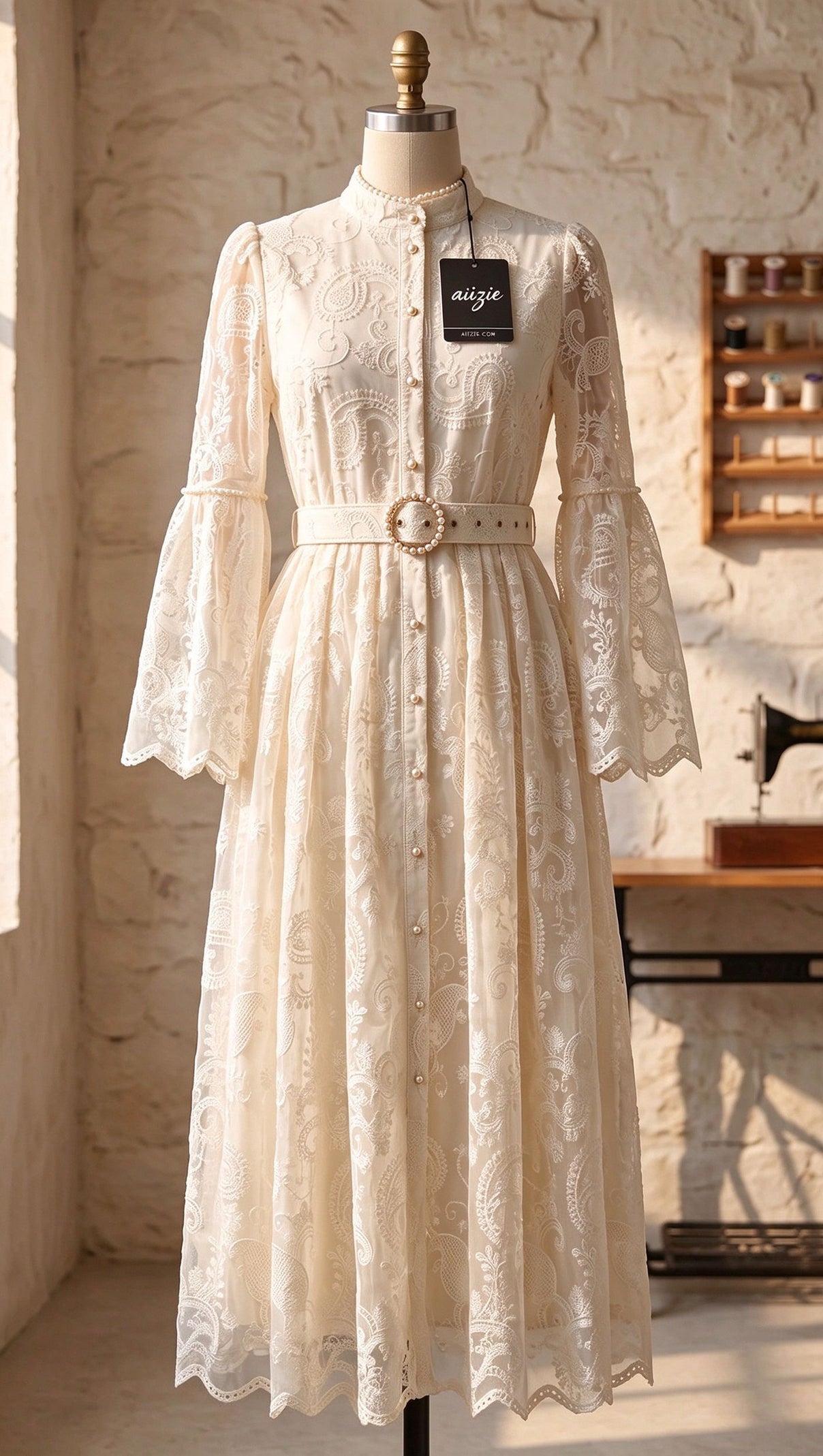 Cream Embroidered Floral Lace A-Line Dress