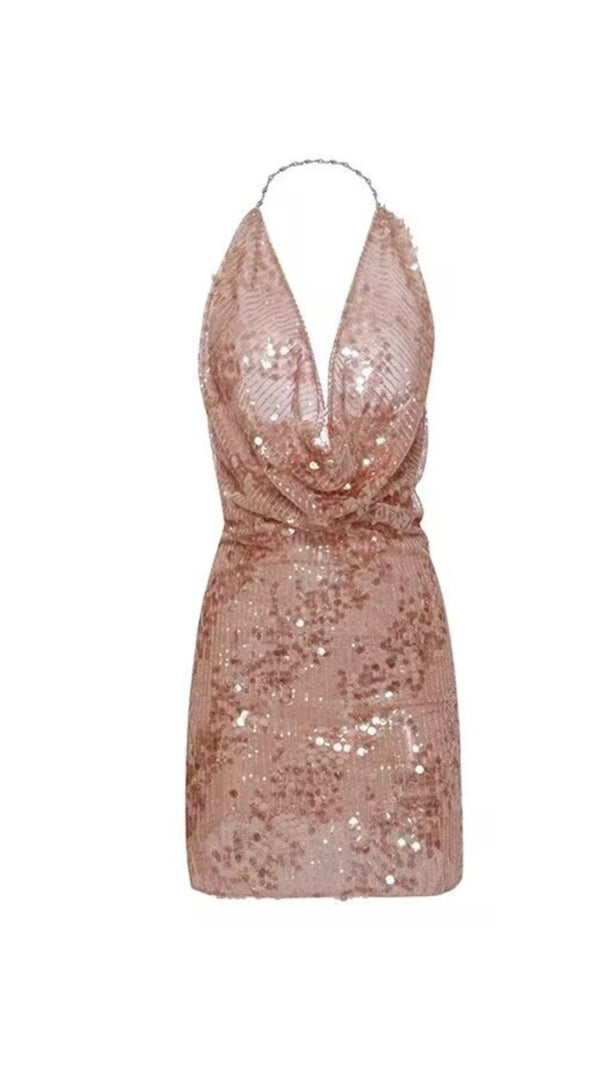AIIZIE SETLLA HALTER SLEEVELESS SEQUIN MINI DRESS IN KAHKI BROWN - product image