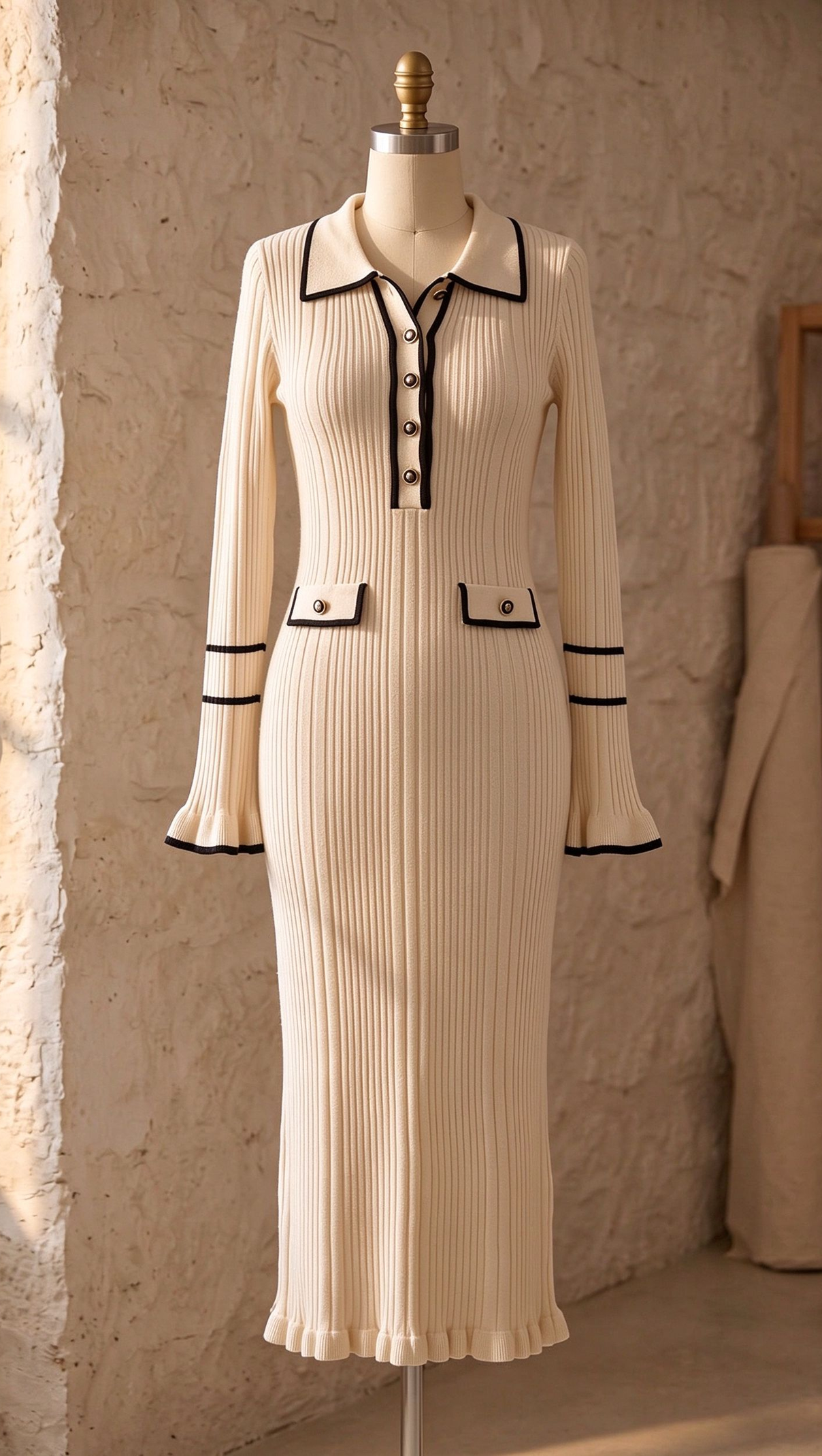 Cream Ribbed Knit Column Dress with Black Contrast Trim