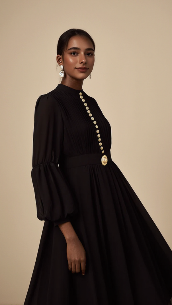 AIIZIE LANTERN SLEEVE SILK MIDI DRESS IN BLACK - product image