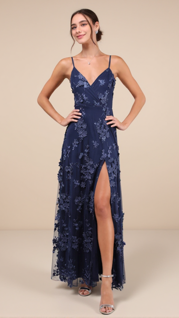 AIIZIE RARE PRESENCE NAVY BLUE 3D FLORAL SURPLICE MAXI DRESS - product image