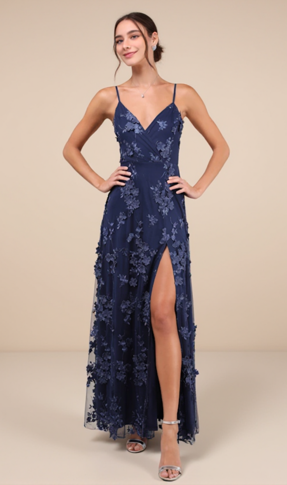 Rare Presence Navy Blue 3D Floral Surplice Maxi Dress