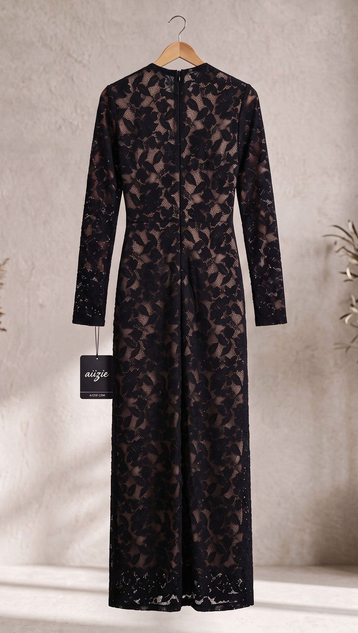 Black Floral Lace Column Gown