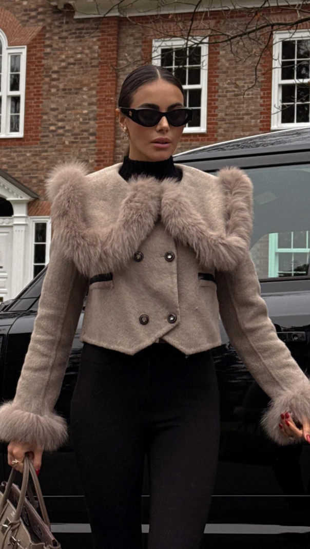 AIIZIE DOUBLE BREASTED CROPPED JACKET WITH FUR COLLAR EMBELLISHMENT - GRAY - product image