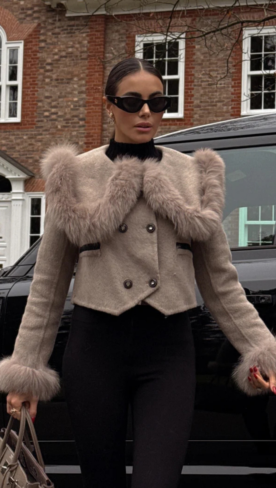 DOUBLE BREASTED CROPPED JACKET WITH FUR COLLAR EMBELLISHMENT - GRAY