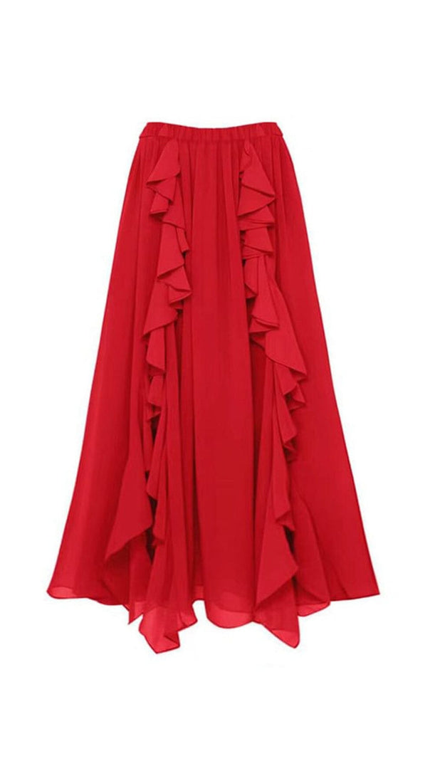 COSTUME DA BAGNO INTERO CON TAGLIO A V PROFONDO E GONNA ROSSA