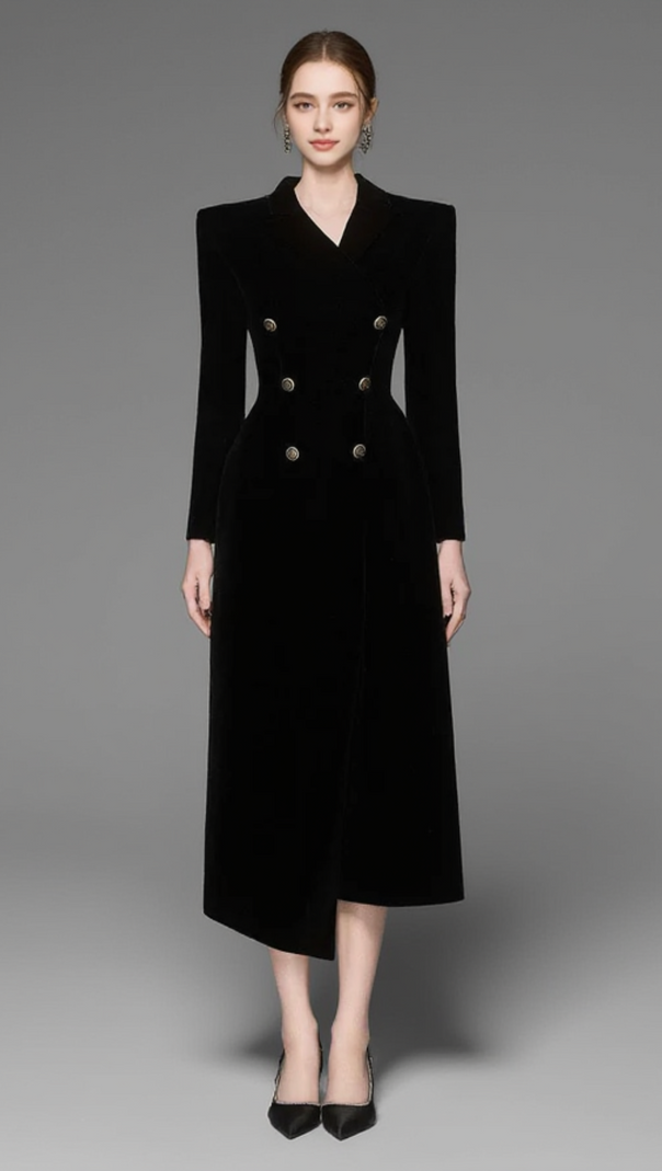 CALORIA ASYMMETRIC NOTCH LAPEL VELVET MIDI DRESS