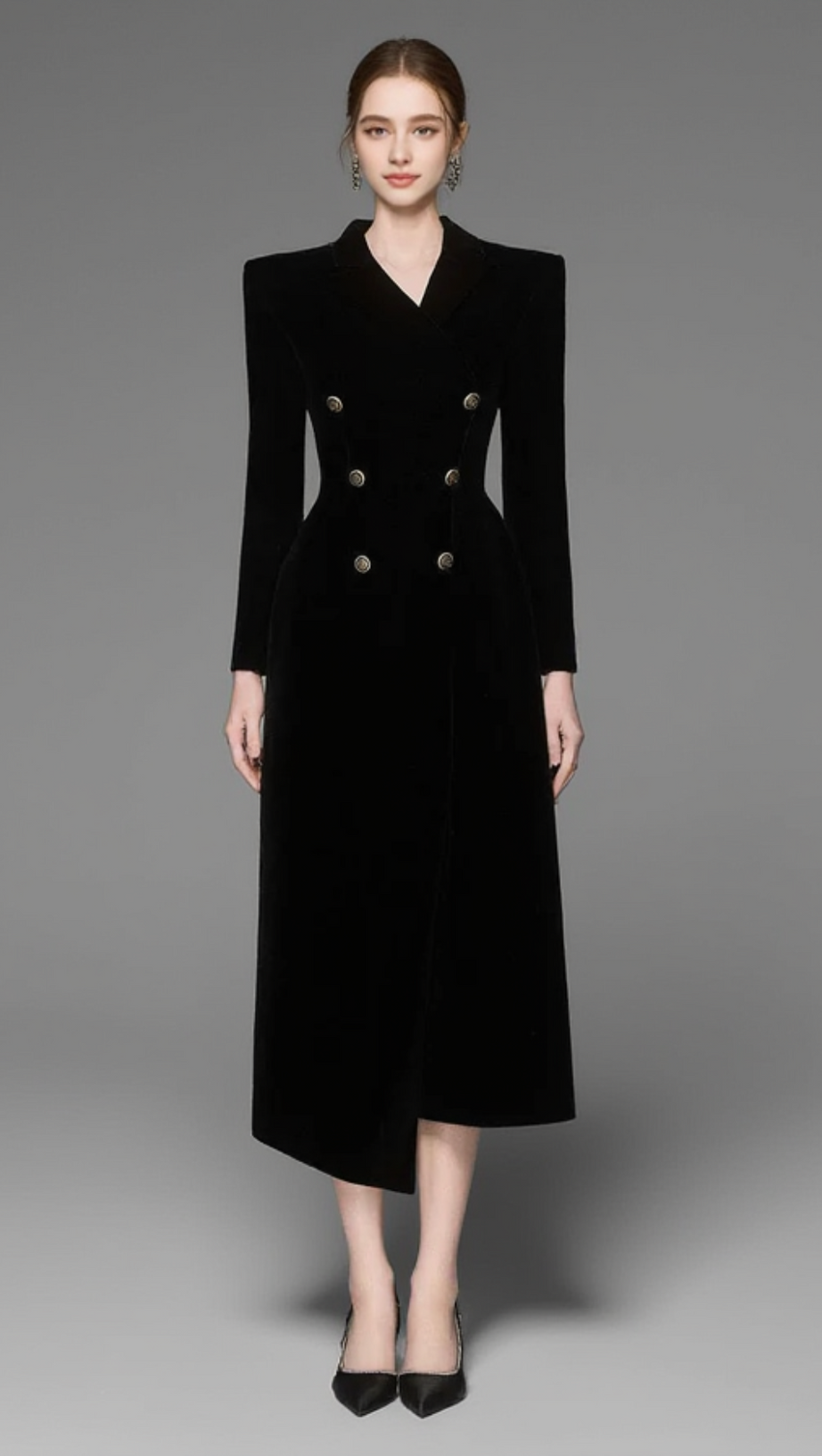 CALORIA ASYMMETRIC NOTCH LAPEL VELVET MIDI DRESS