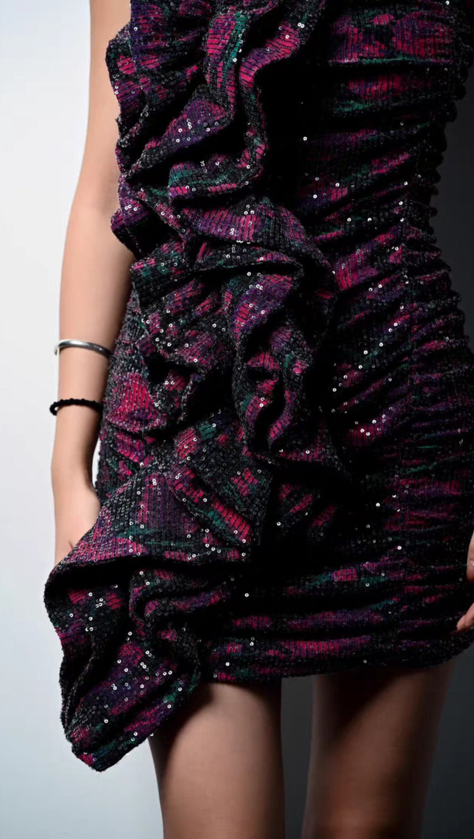 STRAPLESS RUFFLED SEQUIN MINI DRESS