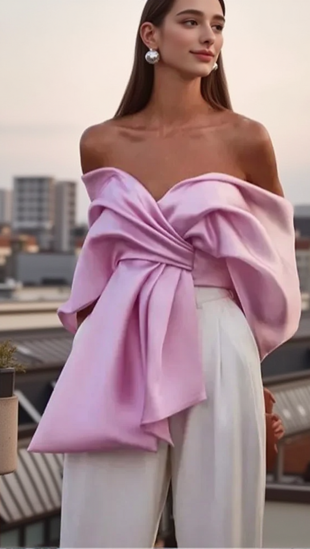 AIIZIE SAMIRA BOW CROSS OFF SHOULDER SATIN TOP - product image