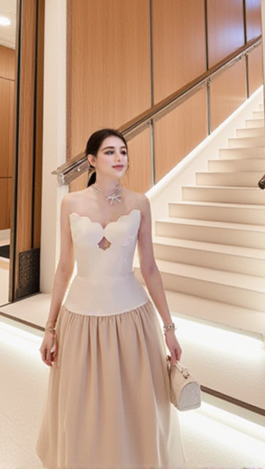 TWO-TONE HOLLOW TUBE TOP TULLE MIDI DRESS