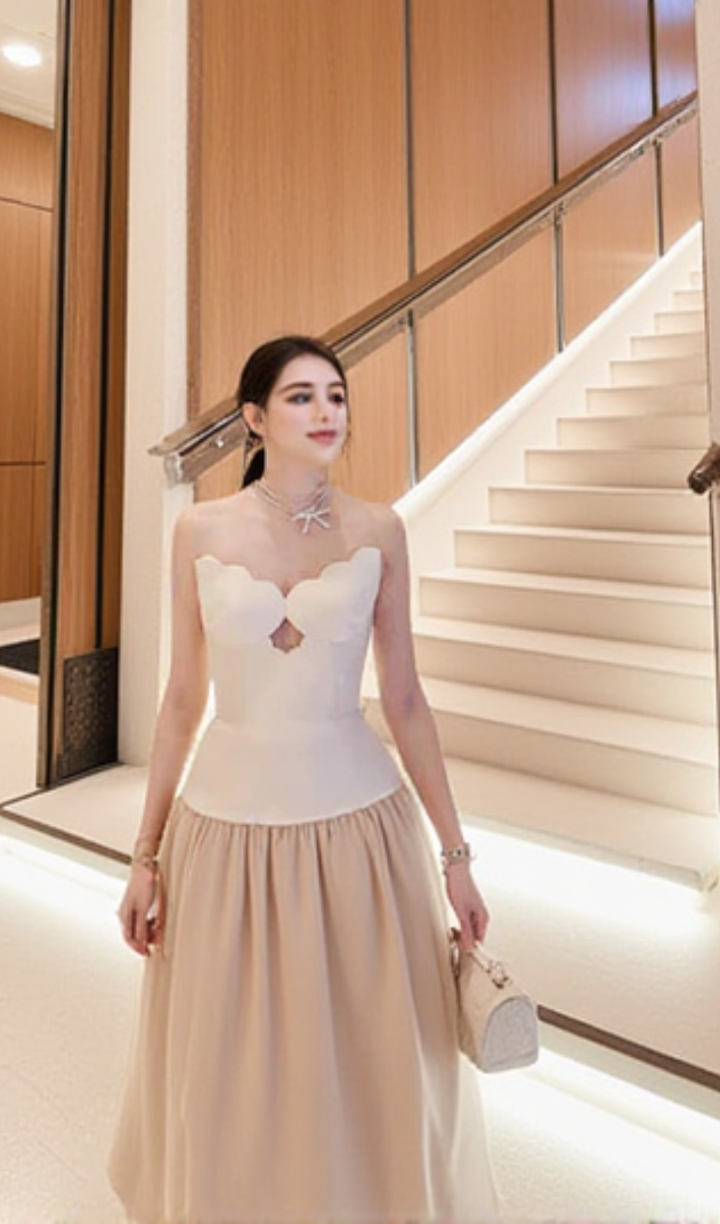 TWO-TONE HOLLOW TUBE TOP TULLE MIDI DRESS