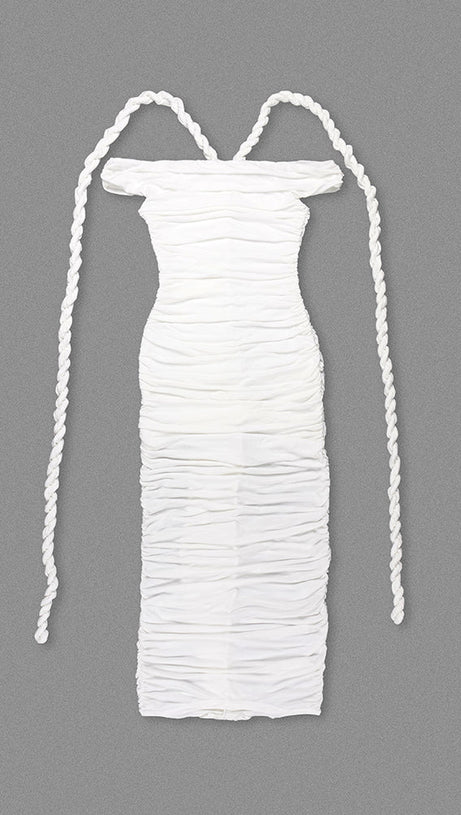 CARA WHITE OFF-SHOULDER RUCHED BODYCON MAXI DRESS WITH ROPE EMBELLISHED