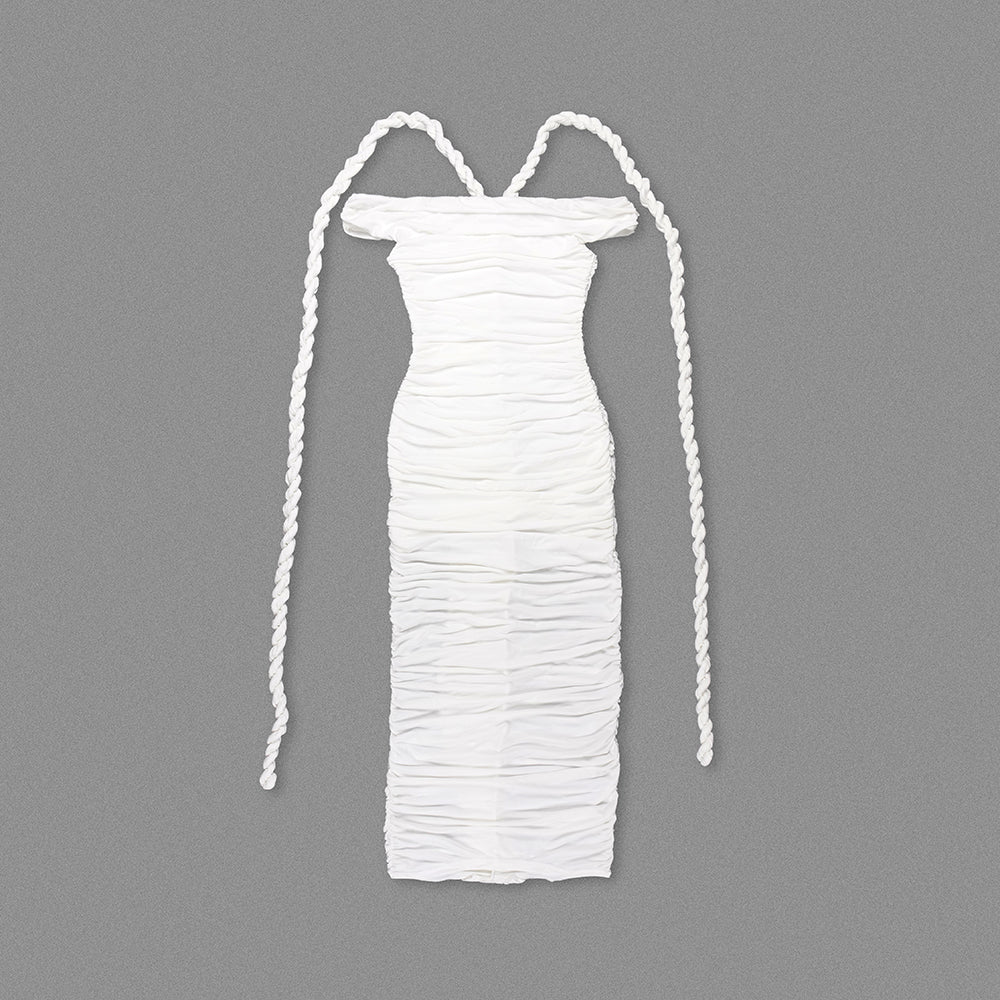 AIIZIE CARA WHITE OFF-SHOULDER RUCHED BODYCON MAXI DRESS WITH ROPE EMBELLISHED - product image