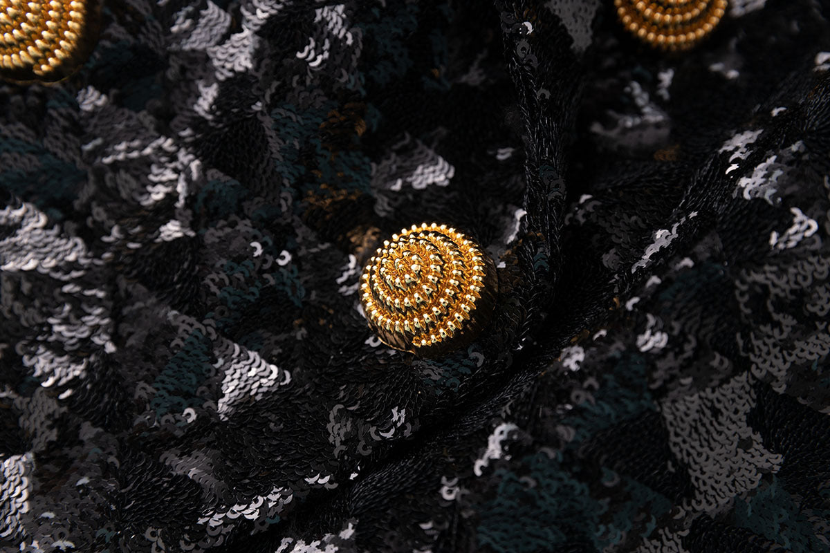 HEIRESS GLAMOROUS BLACK SEQUIN DOUBLE-BREASTED BLAZER JACKET