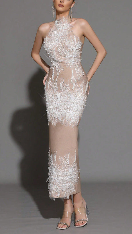 pandora Sleeveless Beaded Tassel Sequin Bandage maxi Dress - Khaki