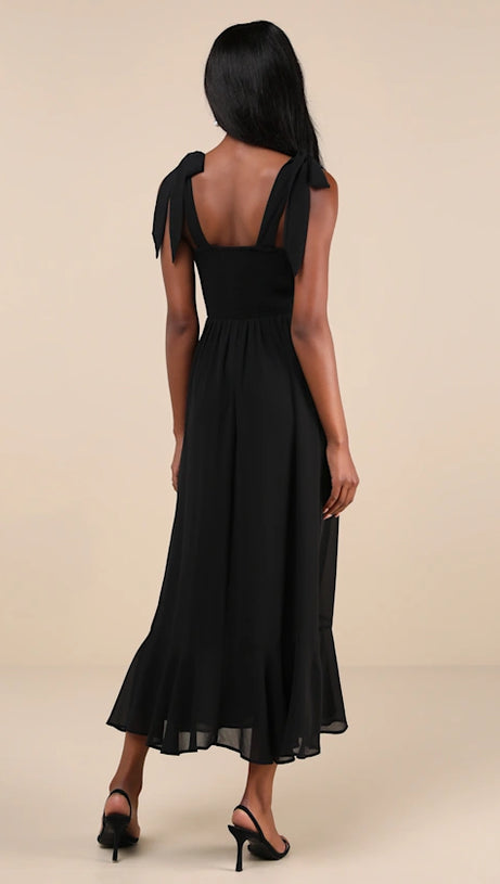 SUMMER INVITE BLACK TIE-STRAP TIERED MIDI DRESS