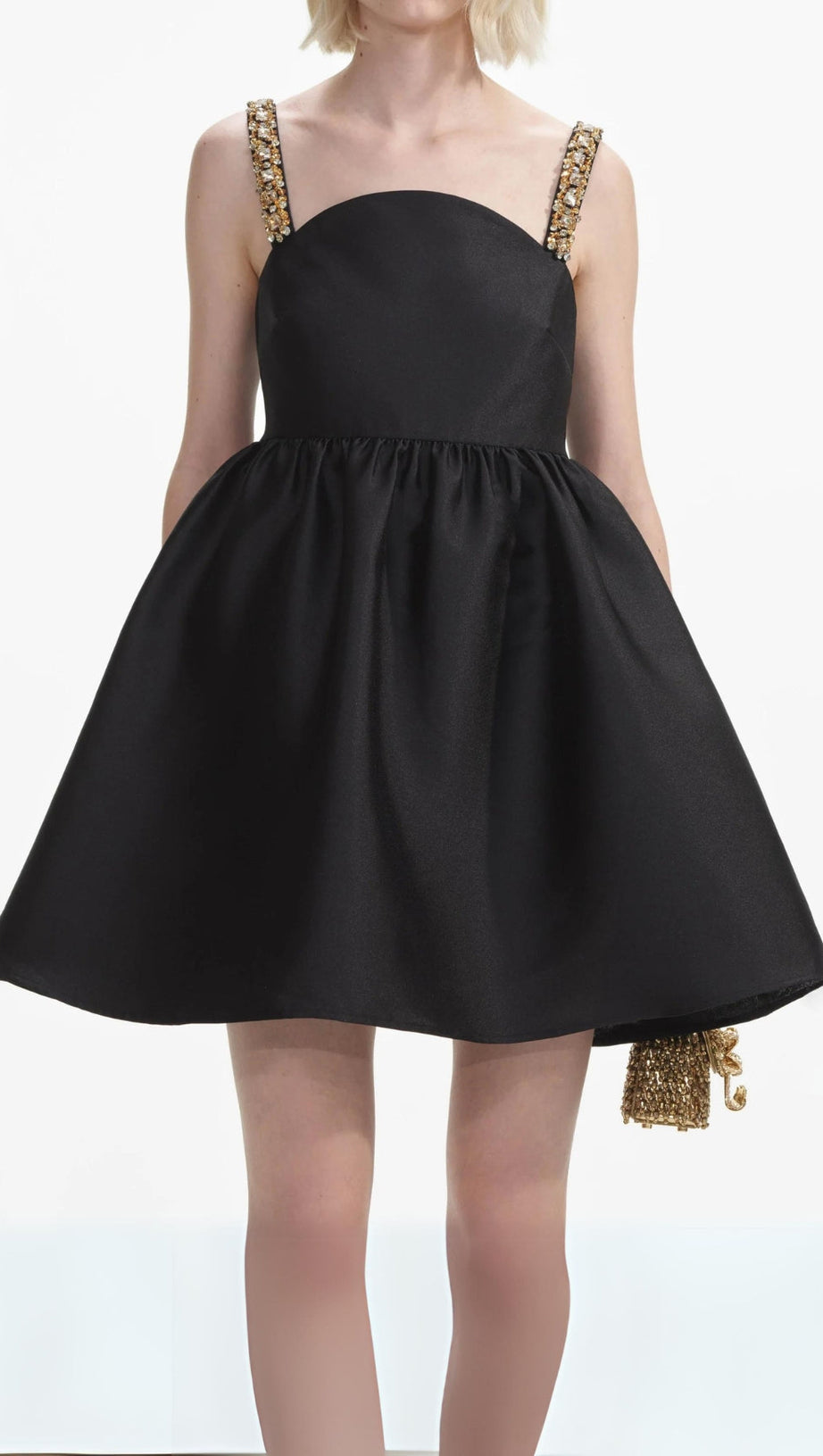 BLACK TAFFETA EMBELLISHED MINI DRESS