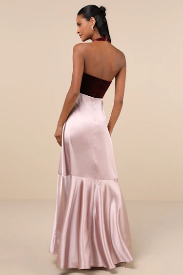 MESMERIZING IMPRESSION MAUVE PINK MIXED MEDIA HALTER MAXI DRESS LULUS