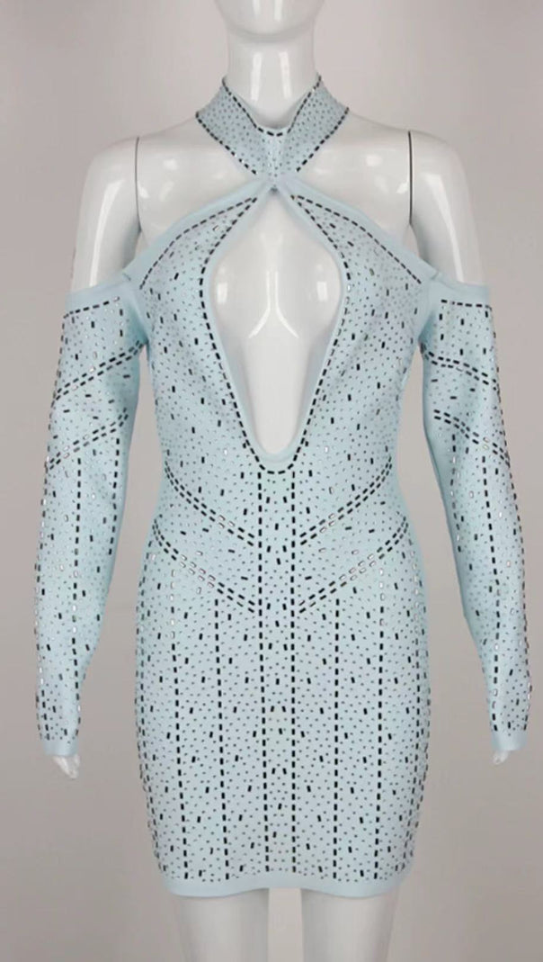 AIIZIE CRYSTAL EMBELLISHED CUTOUT HALTER BODYCON DRESS - product image
