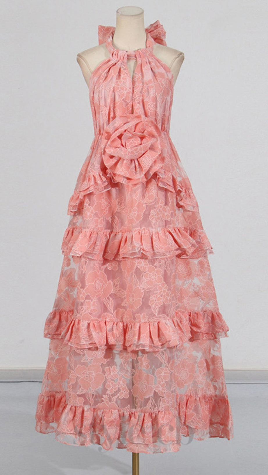 HALTER FLOWER RRUFFLE MAXI DRESS IN PINK